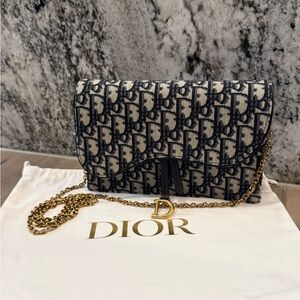 Dior Saddle Long Wallet on Chain Blue Oblique Jacquard Gold Hardware LIKE NEW